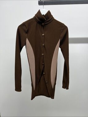 Maniere De Voir Brown and Beige Ribbed Button-Up Cardigan